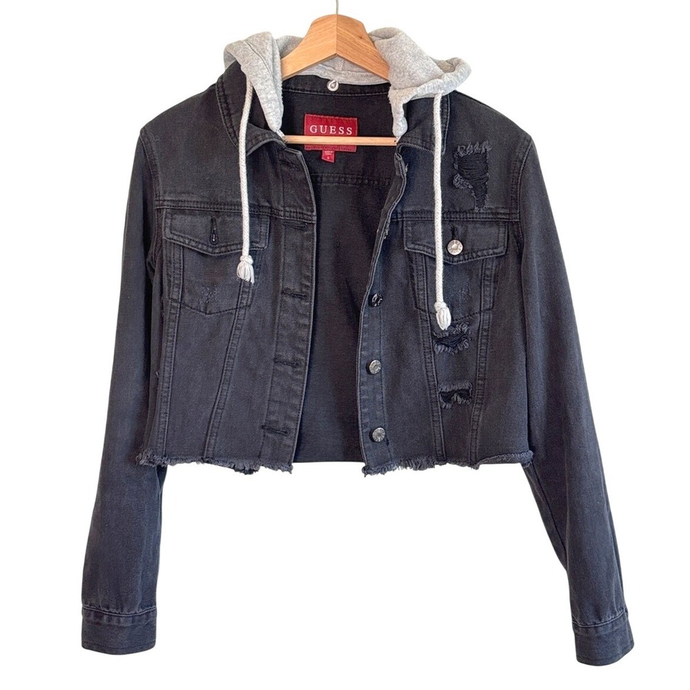 Guess Denim Jacket Black Size S Distressed Cropped Detachable Hood Consign